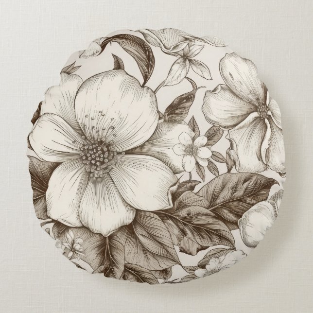 Vintage Blommigt Sepia Mönster (14) Rund Kudde (Framsidan)