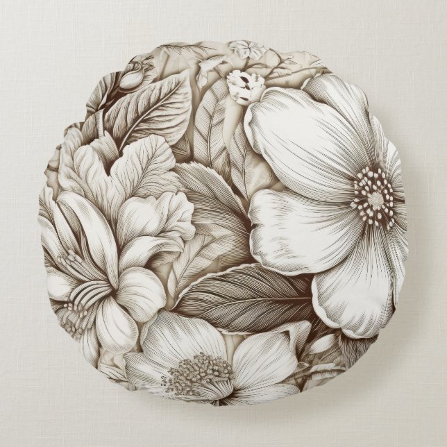 Vintage Blommigt Sepia Mönster (15) Rund Kudde (Framsidan)
