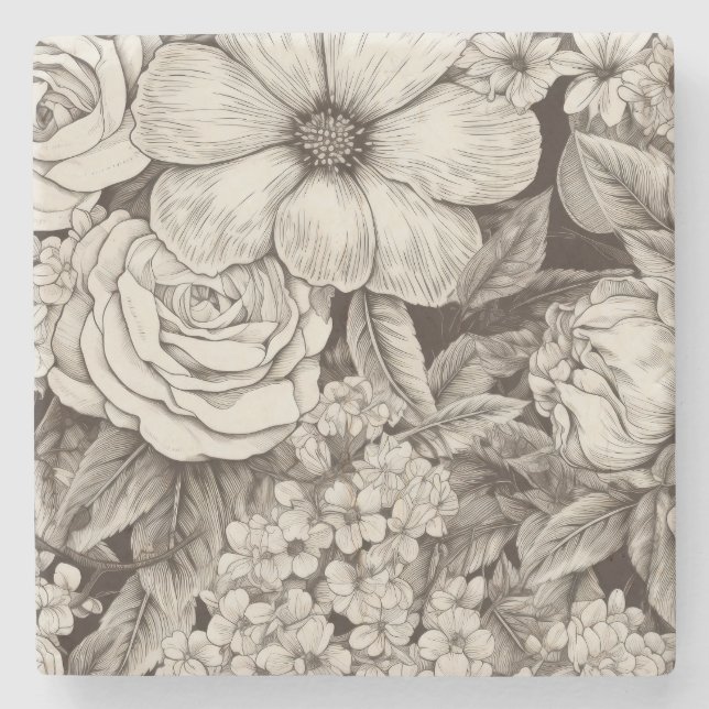 Vintage Blommigt Sepia Mönster (1) Stenunderlägg (Framsidan)