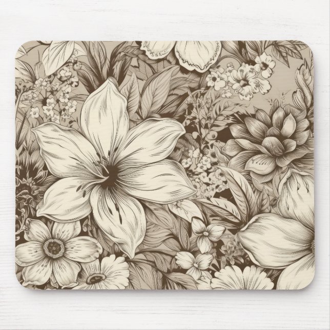 Vintage Blommigt Sepia Mönster (3) Musmatta (Framsidan)