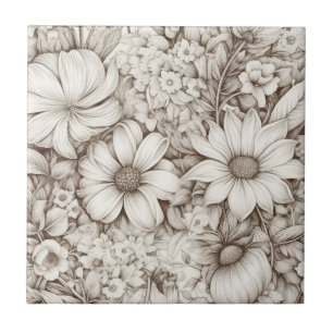 Vintage Blommigt Sepia Mönster (5) Kakelplatta