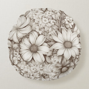 Vintage Blommigt Sepia Mönster (5) Rund Kudde