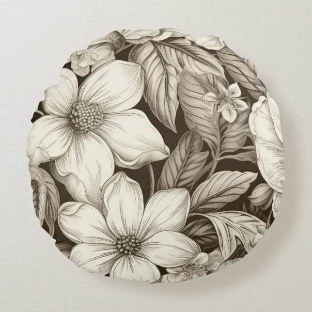 Vintage Blommigt Sepia Mönster (6) Rund Kudde (Framsidan)