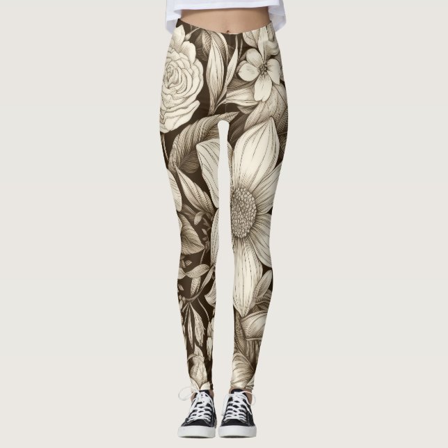 Vintage Blommigt Sepia Mönster (7) Leggings (Framsida)