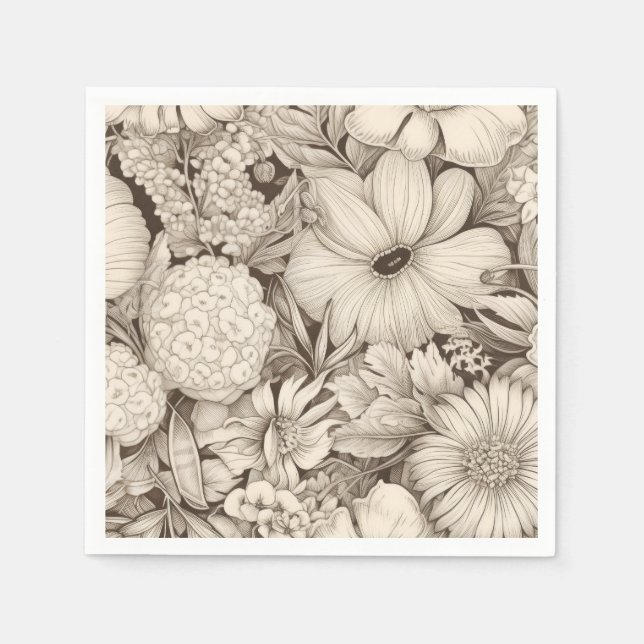 Vintage Blommigt Sepia Mönster (8) Pappersservett (Framsidan)