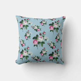 Vintage Blommigt Shabby chic, Rosa Vit ros, blått Kudde