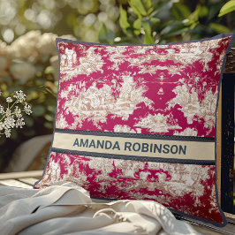 Vintage blommigt sjö röd toile de jouy monogram kudde