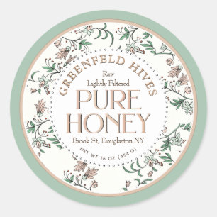 Vintage Blommigt Skriv ut bin Vår Grönt Råhonung Runt Klistermärke