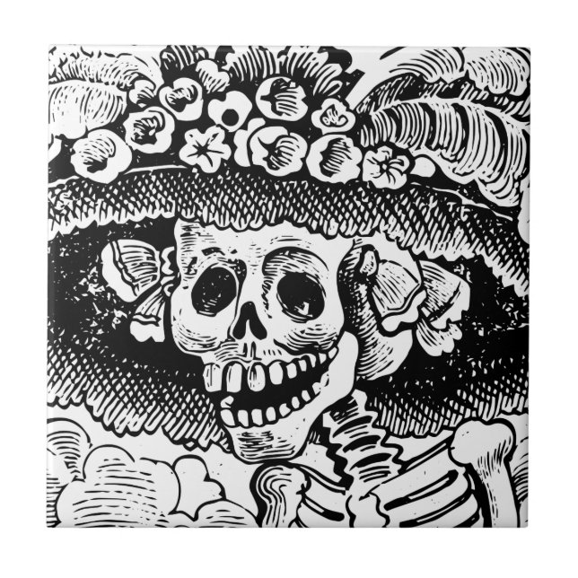 Vintage Blommigt Skull Halloween Kakelplatta (Framsidan)
