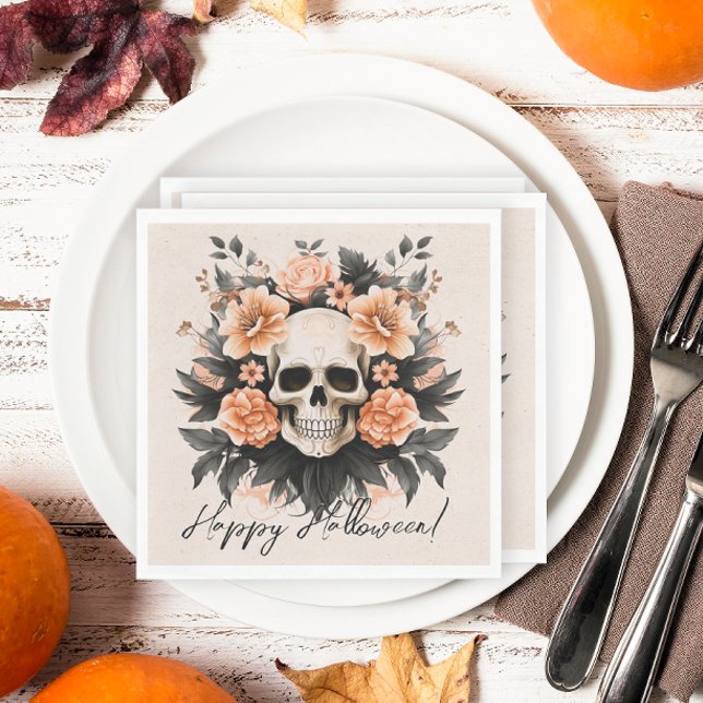 Vintage Blommigt Skull Halloween Pappersservett (Spooky but elegant floral Halloween napkins.)
