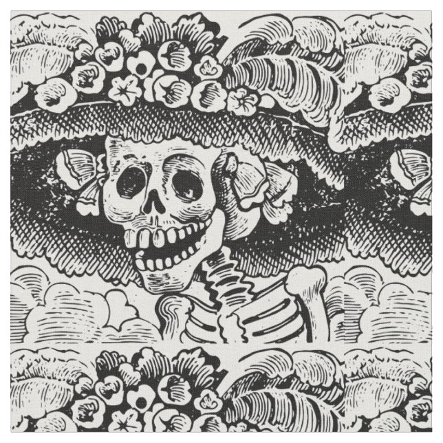Vintage Blommigt Skull Halloween Tyg (Närbild)