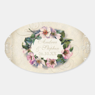 Vintage Blommigt Snöre Vild Rosa ros Swirl Formell Ovalt Klistermärke