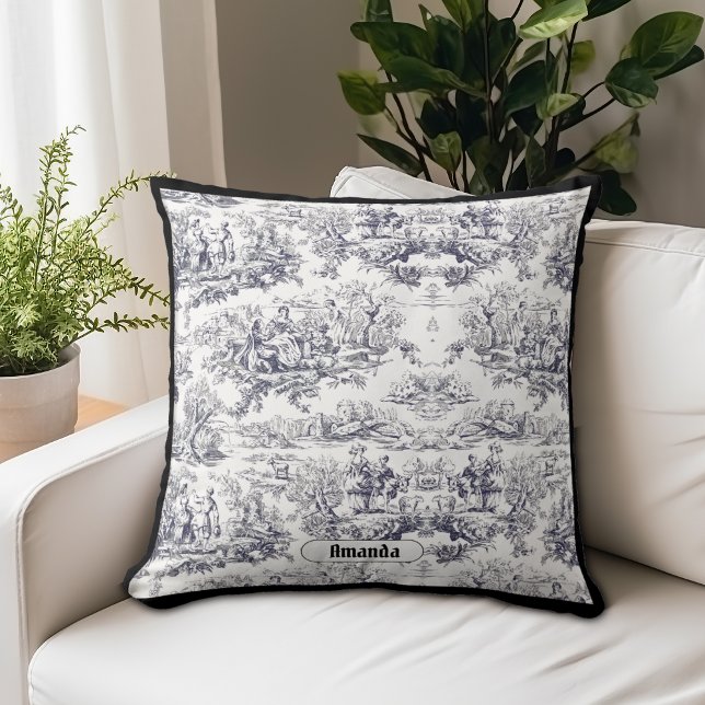 Vintage blommigt svart leksak de jouy monogram kudde (Skapare uppladdad)