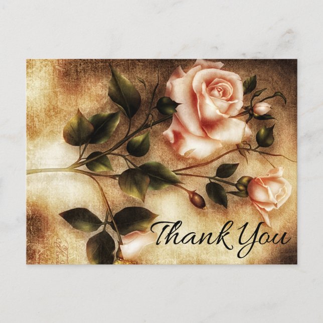 Vintage Blommigt Tack Flowers Rosa ros Vykort (Framsida)