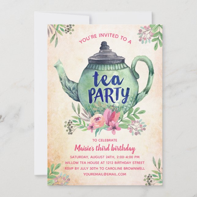 Vintage Blommigt Tea Party födelsedag Inbjudningar (Framsida)