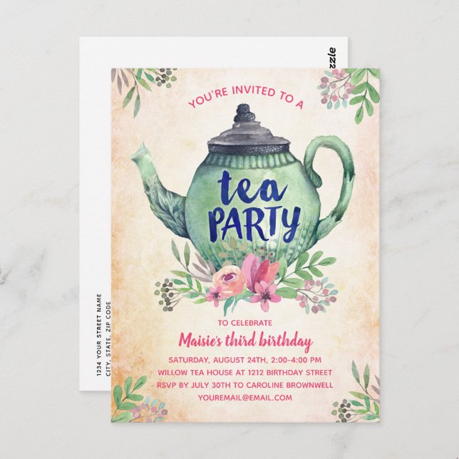 Vintage Blommigt Tea Party födelsedag Vykort (Fram/baksida)