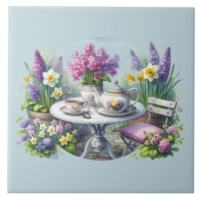 Vintage Blommigt Tea Party i Garden Kakelplatta (Framsidan)