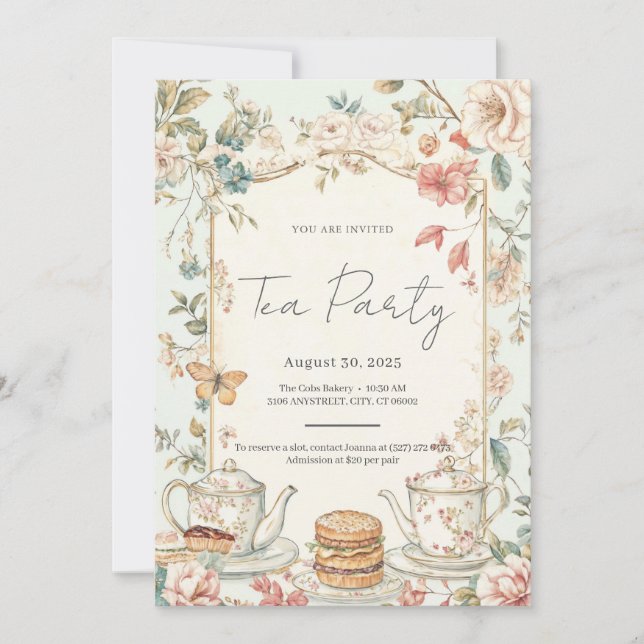 Vintage Blommigt Tea Party-inbjudan Inbjudningar (Framsida)