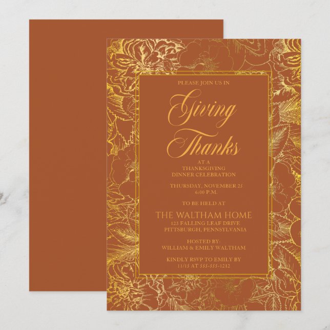 Vintage Blommigt Terracotta Guld Thanksgiving Inbjudningar (Fram/baksida)