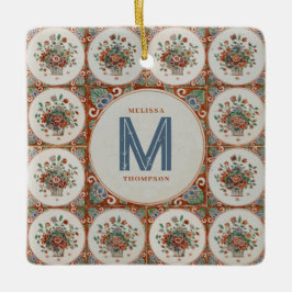 Vintage Blommigt Terracotta Tiles Monogram Julgransprydnad Keramik