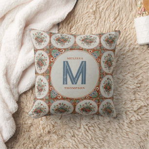 Vintage Blommigt Terracotta Tiles Monogram Kudde
