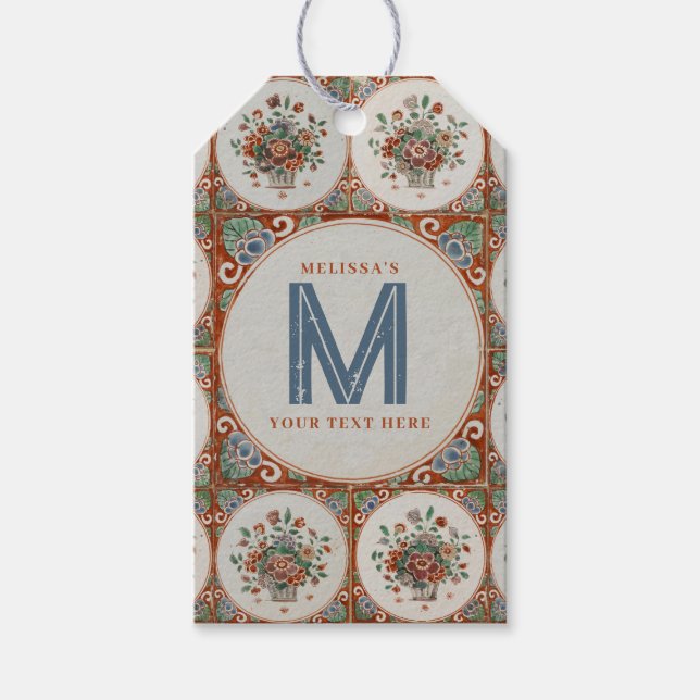 Vintage Blommigt Terracotta Tiles Monogram Presentetikett (Framsidan)