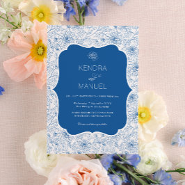 Vintage Blommigt Toile Fransk Blue Bröllop Inbjudningar