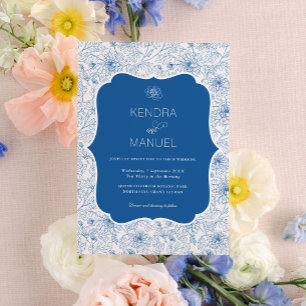Vintage Blommigt Toile Fransk Blue Bröllop Inbjudningar