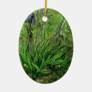 Vintage blommigt trädgårdsblomma Iris av Van Gogh. Julgransprydnad Keramik