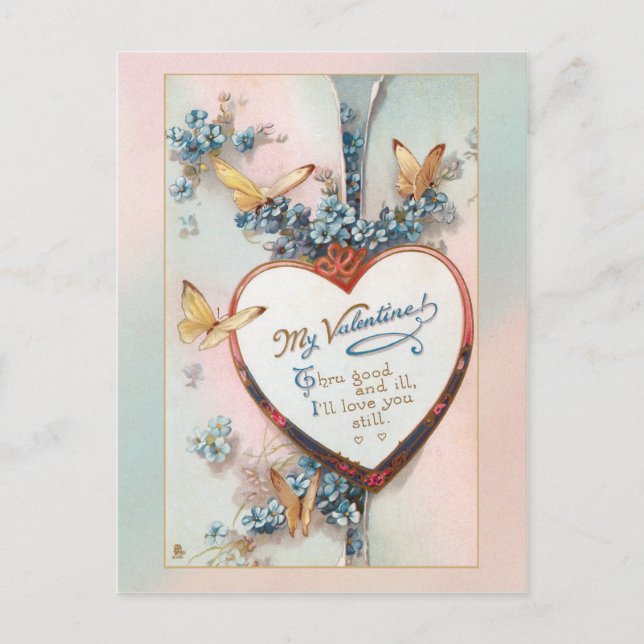 Vintage Blommigt Valentine | Hjärt och fjärilar Vykort (Framsida)