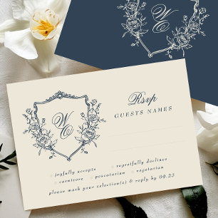 Vintage Blommigt Vapensköld Cream & Navy Monogram OSA Kort