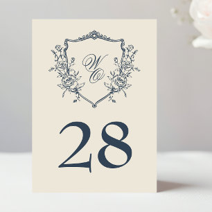Vintage Blommigt Vapensköld Navy & Cream Monogram Bordsnummer