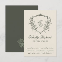 Vintage Blommigt Vapensköld Oliv grönt Monogram Br OSA Kort