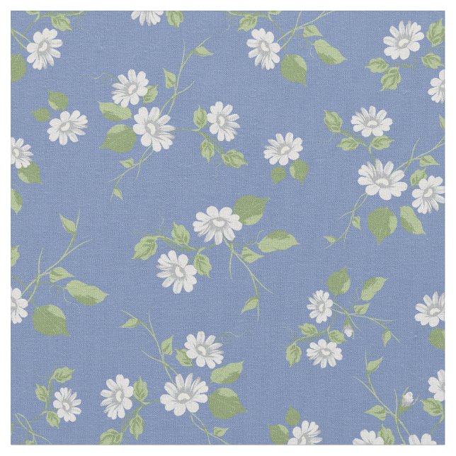 Vintage Blommigt Vita Daisy Fransk Land Blå Tyg (Närbild)