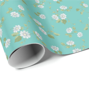 Vintage Blommigt Vita Daisy Fransk Land Teal Presentpapper