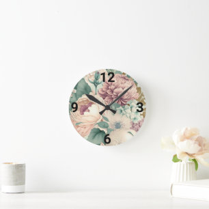 VINTAGE BLOMMIGT WALL CLOCK RUND KLOCKA