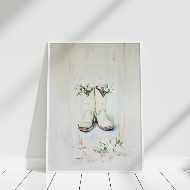 Vintage Blommigt White Cowgirl Boots Illustration Poster (Vintage Floral White Cowgirl Boots Illustration Poster in a white frame on a white wooden floor.)