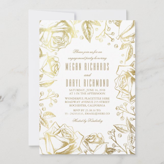Vintage Blommigt White och Guld Förlovningsfest Inbjudningar (Framsida)