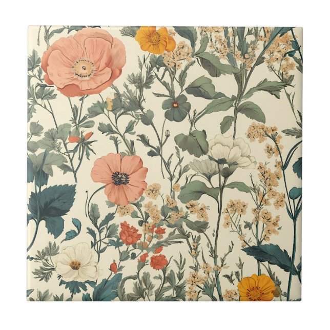 Vintage Blommigt Wildblommor och Poppies Kakelplatta (Framsidan)