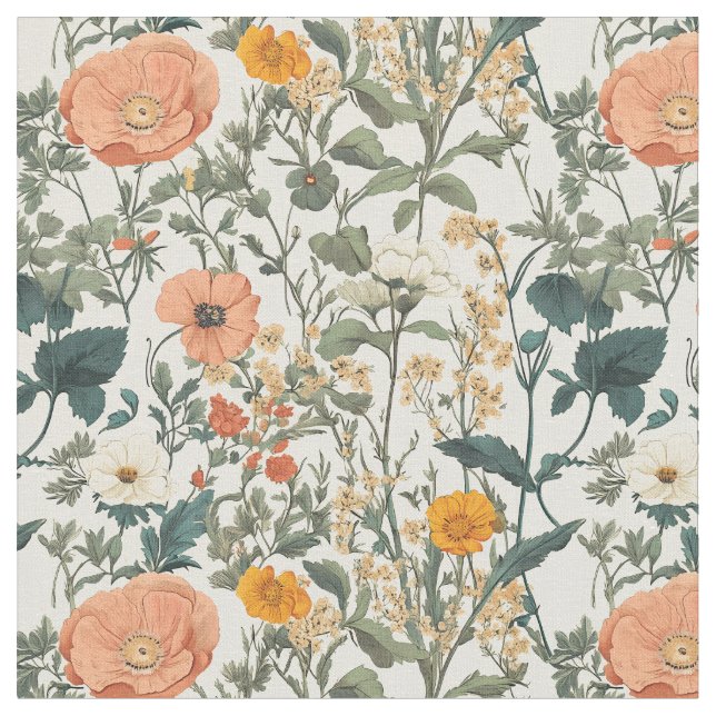 Vintage Blommigt Wildblommor och Poppies Tyg (Närbild)