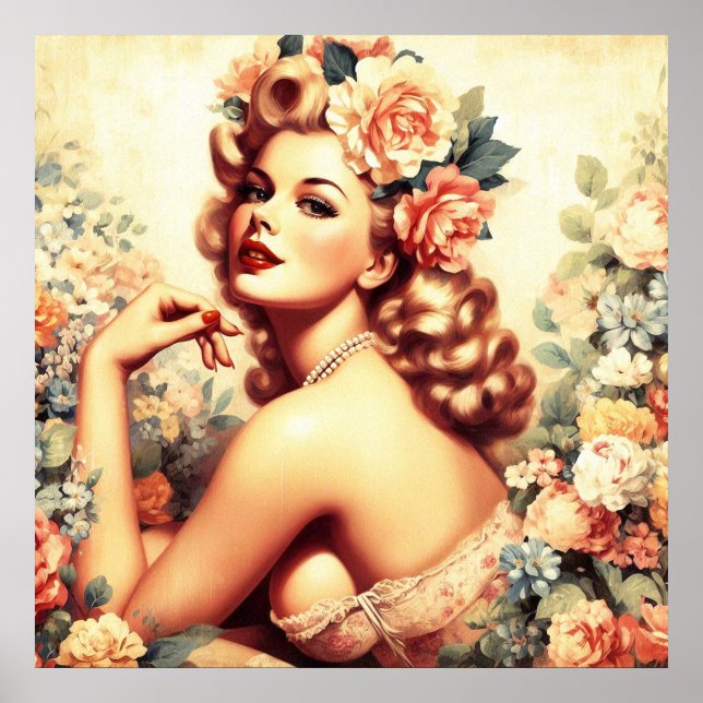 Vintage Blommigt Woman Poster (Framsidan)