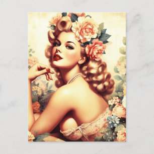 Vintage Blommigt Woman Vykort