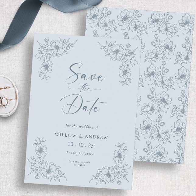 Vintage Blommönster i Blått Spara Datumet (Vintage Blue Floral Save The Date
)