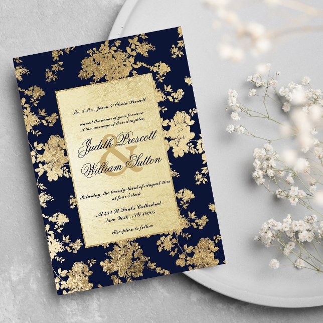 Vintage Blommönster Invi, Bröllopen  Guld Inbjudningar (Vintage Navy Blue Gold Floral Pattern Wedding)
