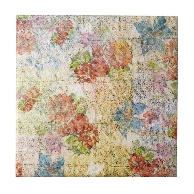 Vintage blommönster med patina kakelplatta (Framsidan)