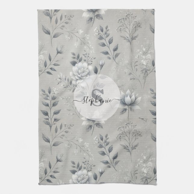 Vintage Blommönster på Rustic Grått-bakgrund Kökshandduk (Vertikal)