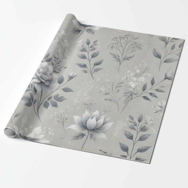 Vintage Blommönster på Rustic Grått-bakgrund Presentpapper (Utrullad)