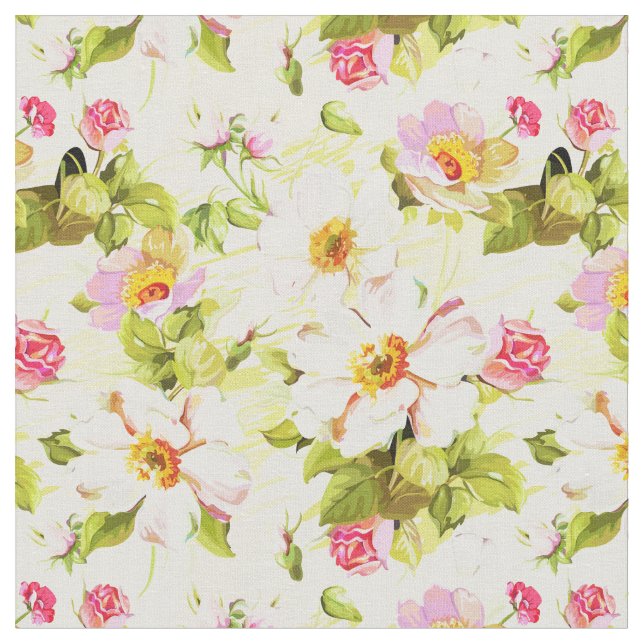 Vintage Blommönster Peonies Old Rosor Fabric Tyg (Närbild)
