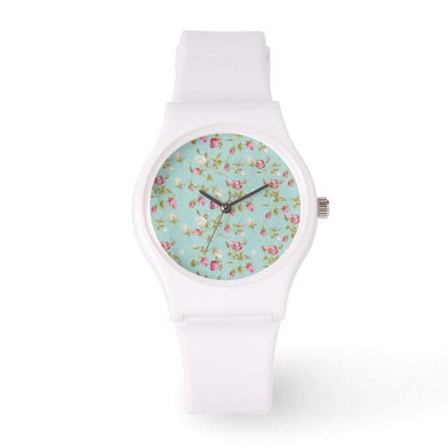 Vintage blommönster rosor blå Shabby ro chic Armbandsur (Framsida)