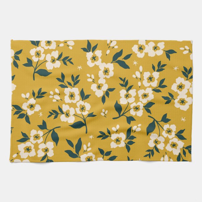 Vintage blommönster, små vita blommor. kökshandduk (Horisontell)